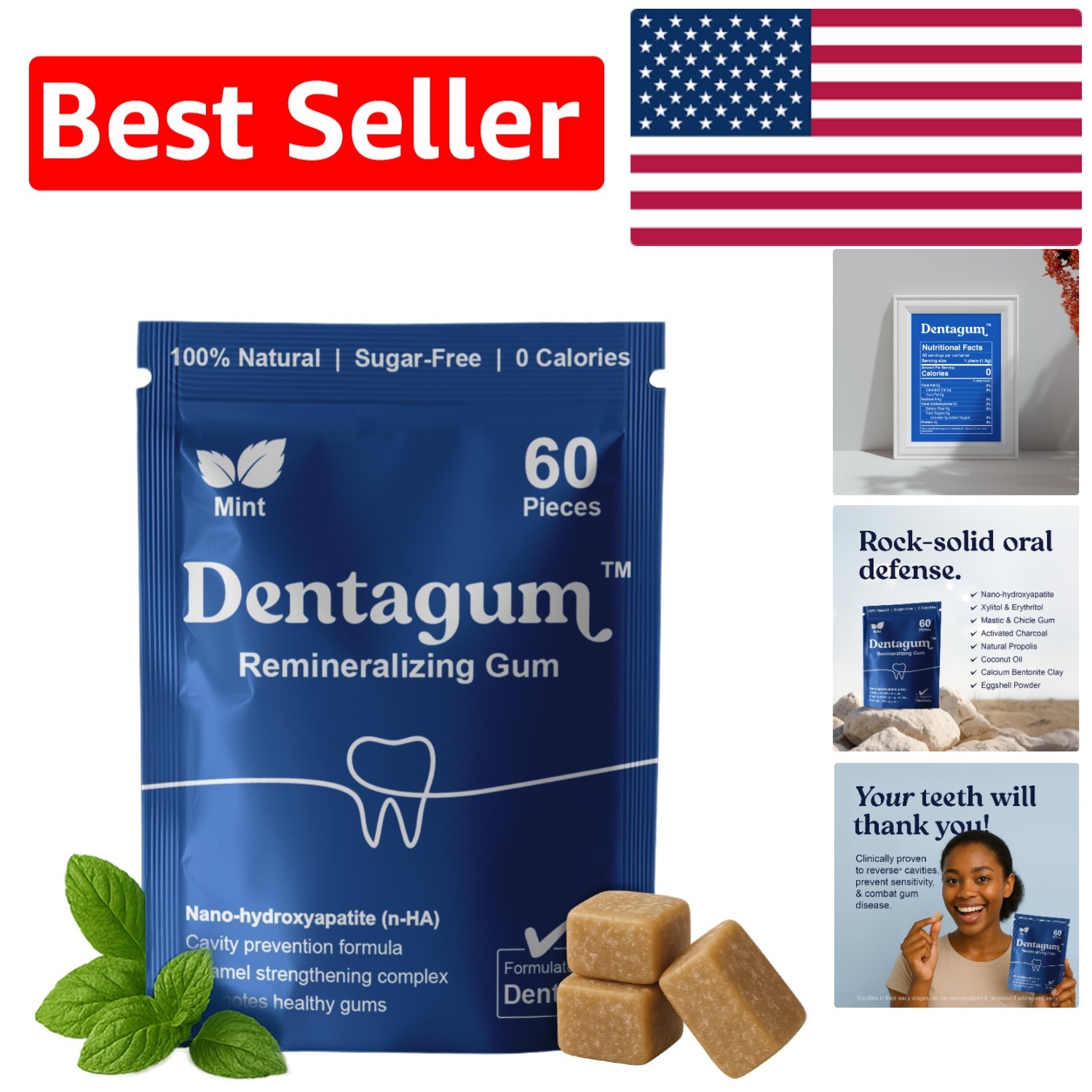 60 Pieces Sugar-Free Remineralizing Gum for Enamel Repair & Cavity Protection