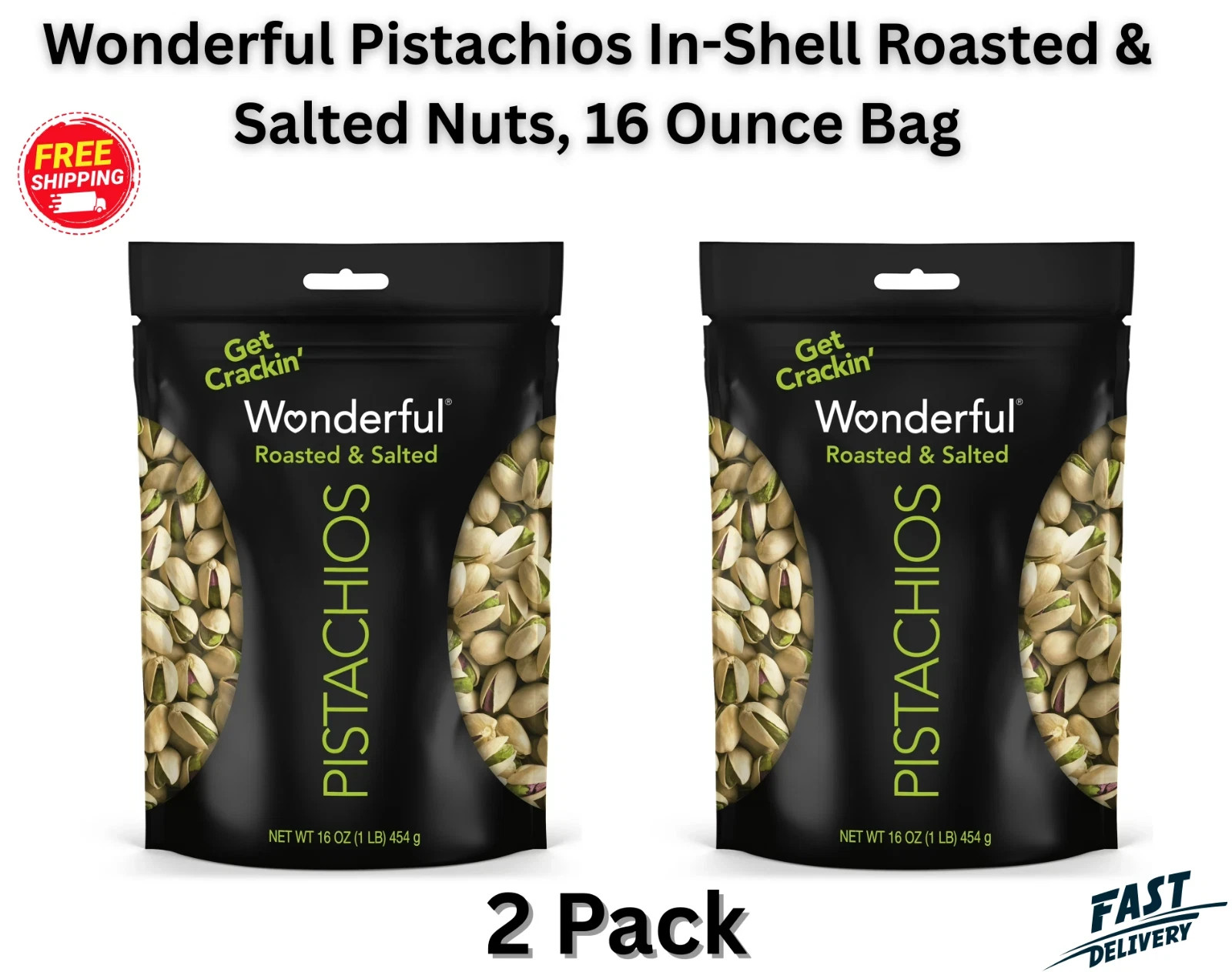 Wonderful Pistachios, In-Shell Roasted & Salted Nuts, 16 Ounce Bag (Pack of 2)