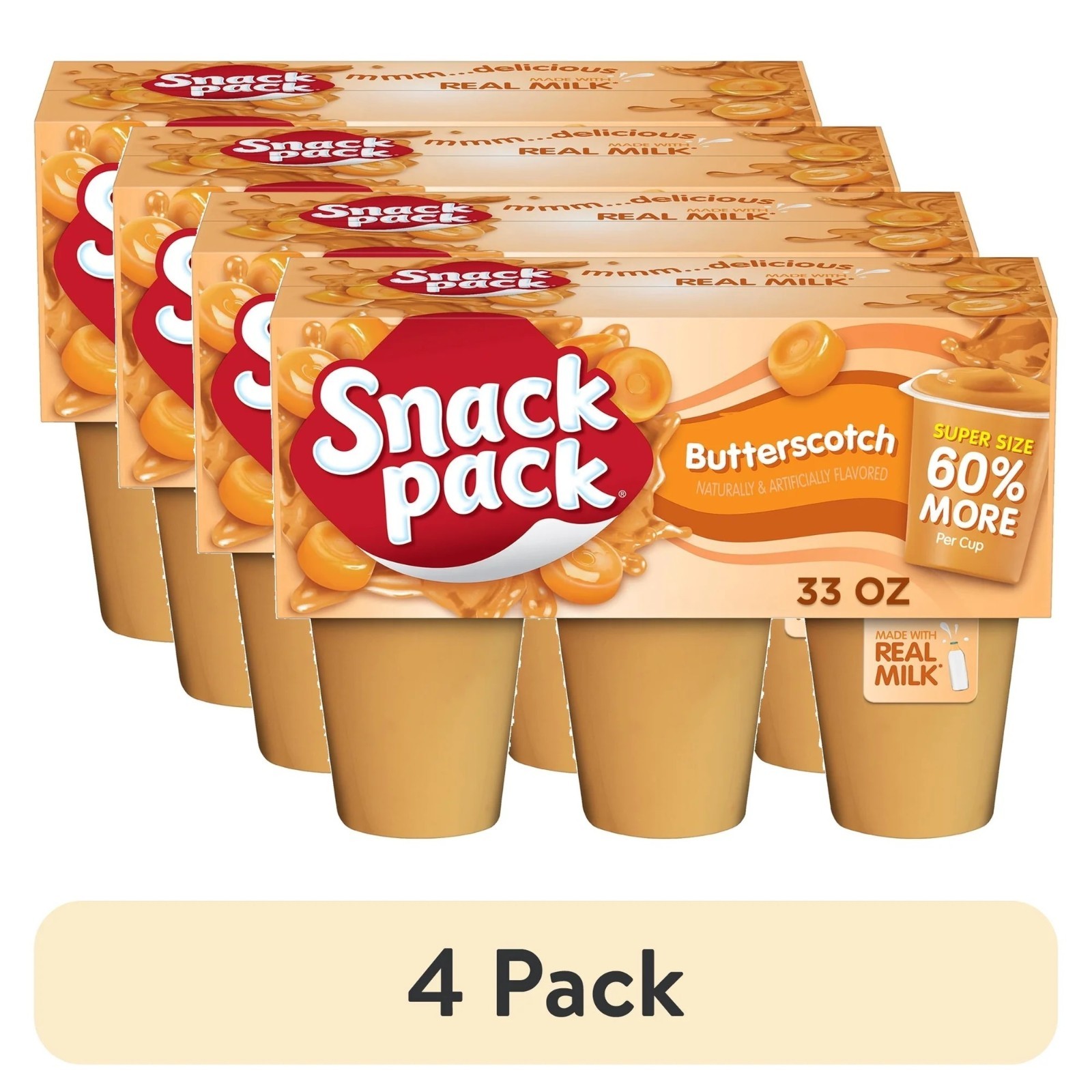 (4 pack) Snack Pack Super Size Butterscotch Pudding, 5.5 oz Pudding Cups,6 Count