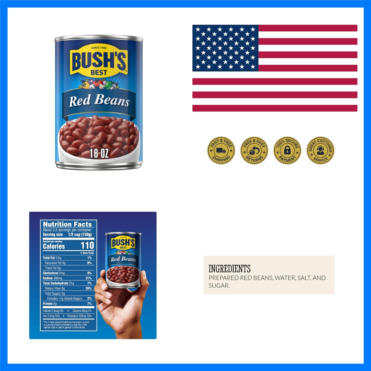 Bush’s Canned Red Beans, Plant-Based Protein, Low Fat, Gluten Free, 16 oz