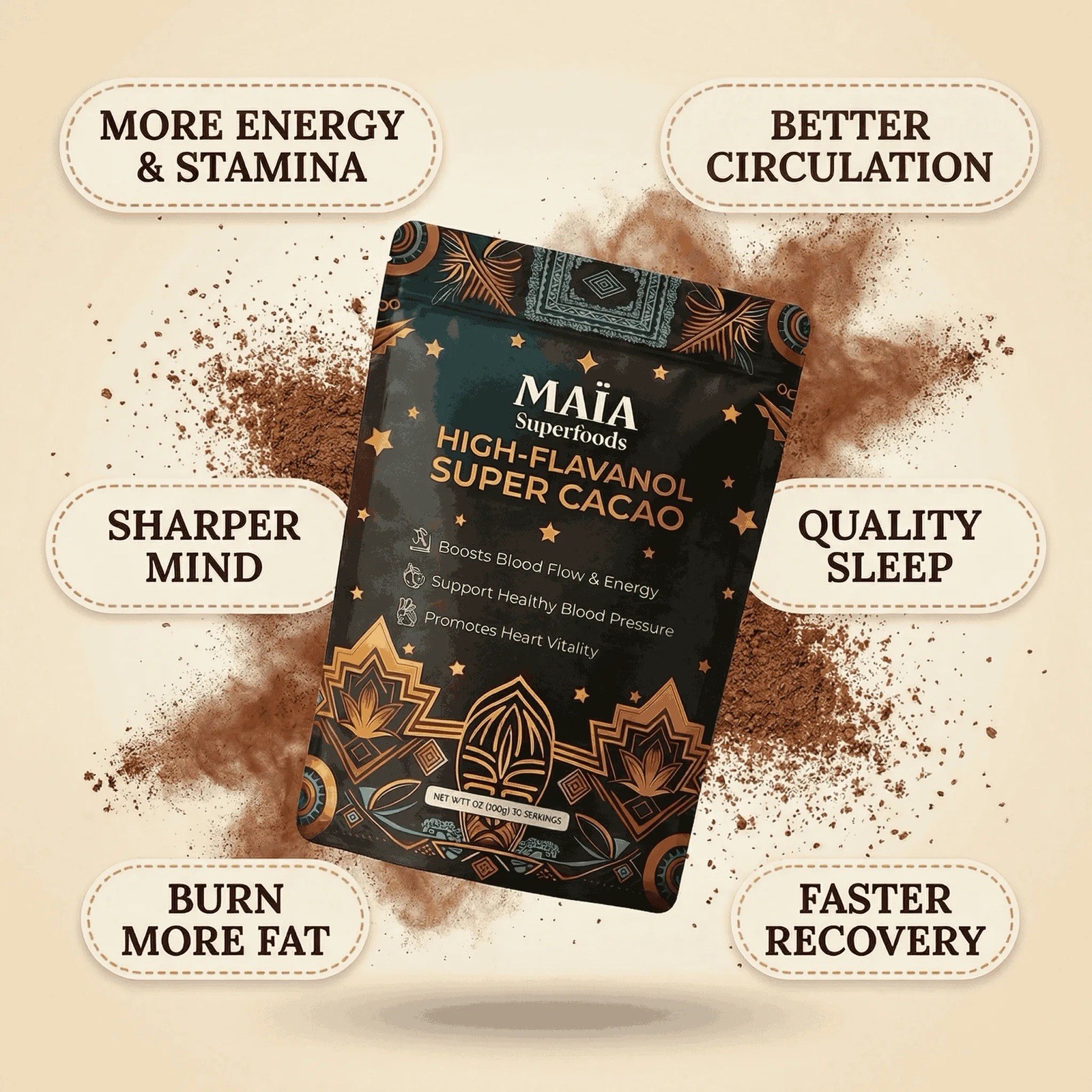Maia Ceremonial Cacao | Super | High Flavanols 30 Servings (Pack of 1)