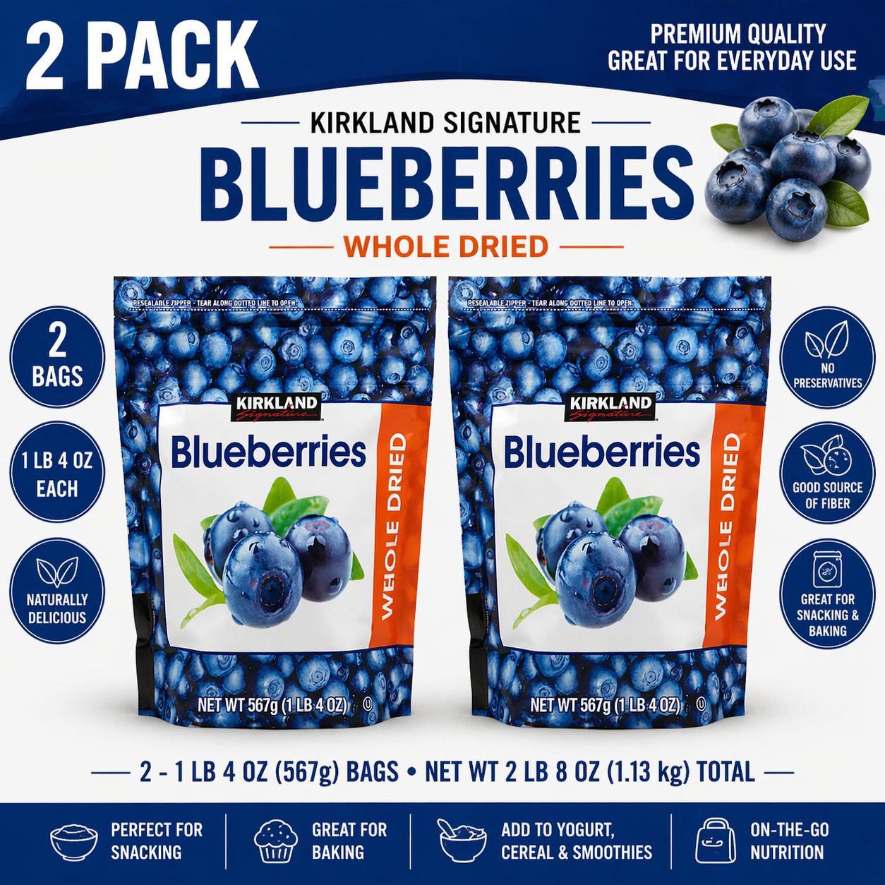 2-Pack Kirkland Signature, Whole Dried Blueberries, 20 oz