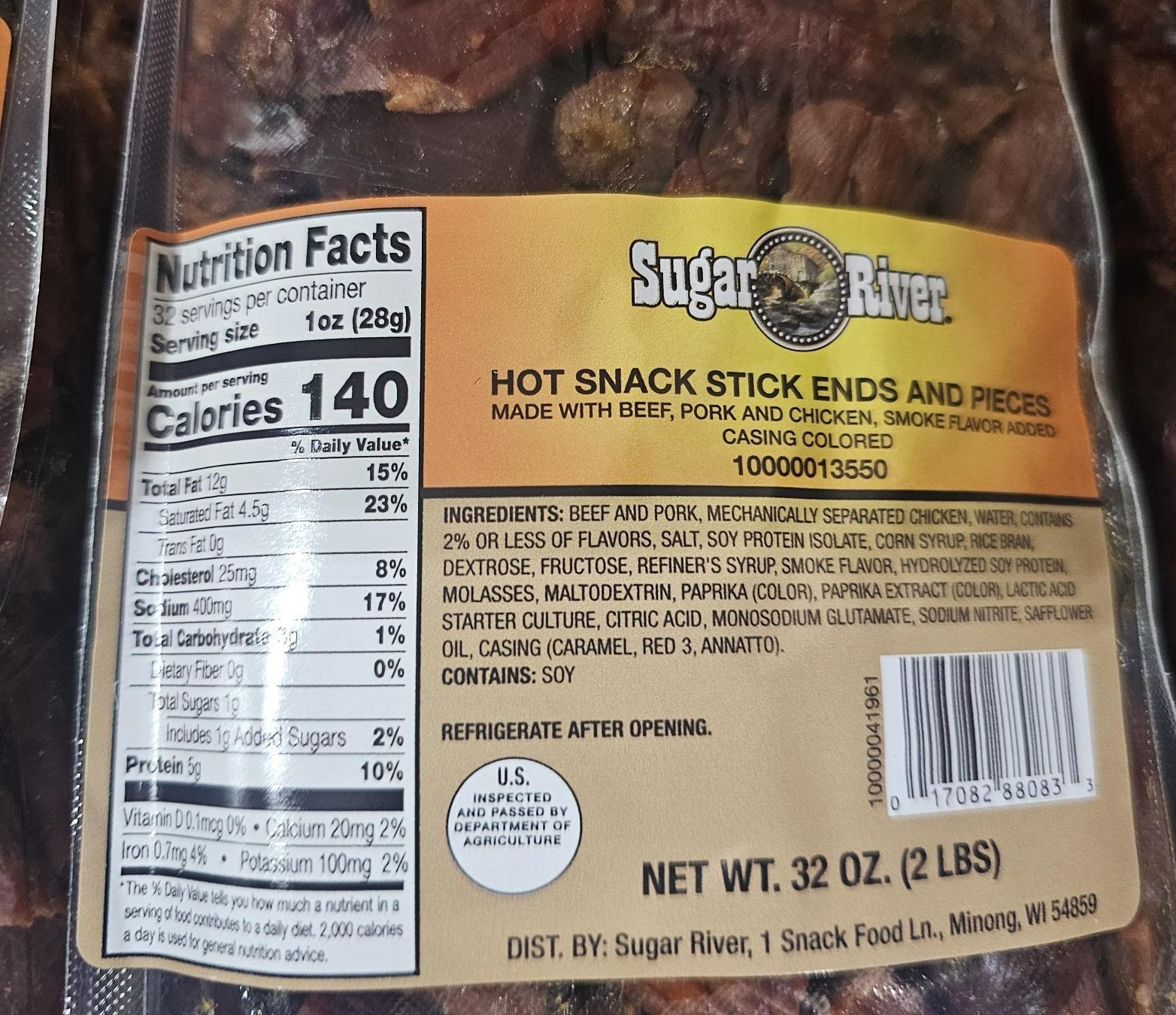 3 X 2LB/ea SUGAR RIVER *HOT* Meat Snack Sticks Sealed bag «loose» EXP 12.1.26