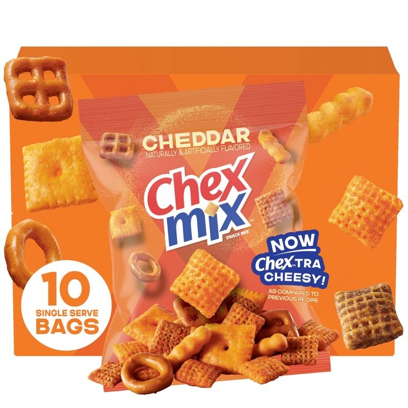 Chex Mix Cheddar Snack Mix, Single Serve Snack Bags, Multipack, 10 Count, 17.5 o