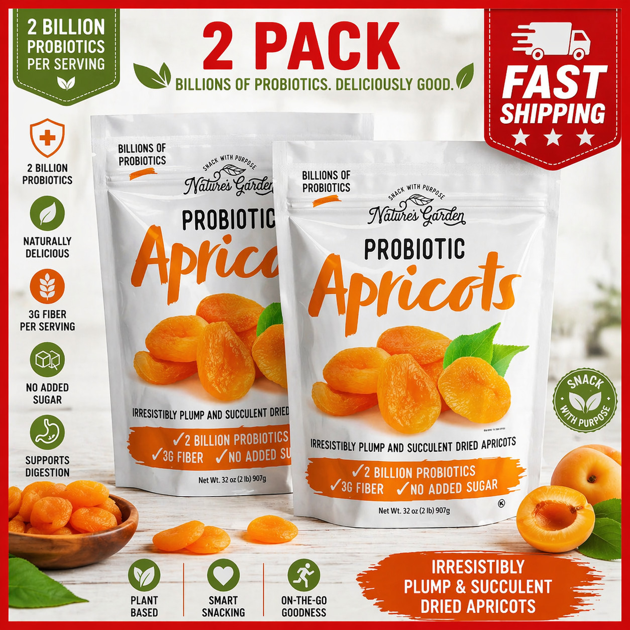 2 Pack Nature’s Garden Probiotic Apricots Plump Dried Fruit 32 oz No Added Sugar