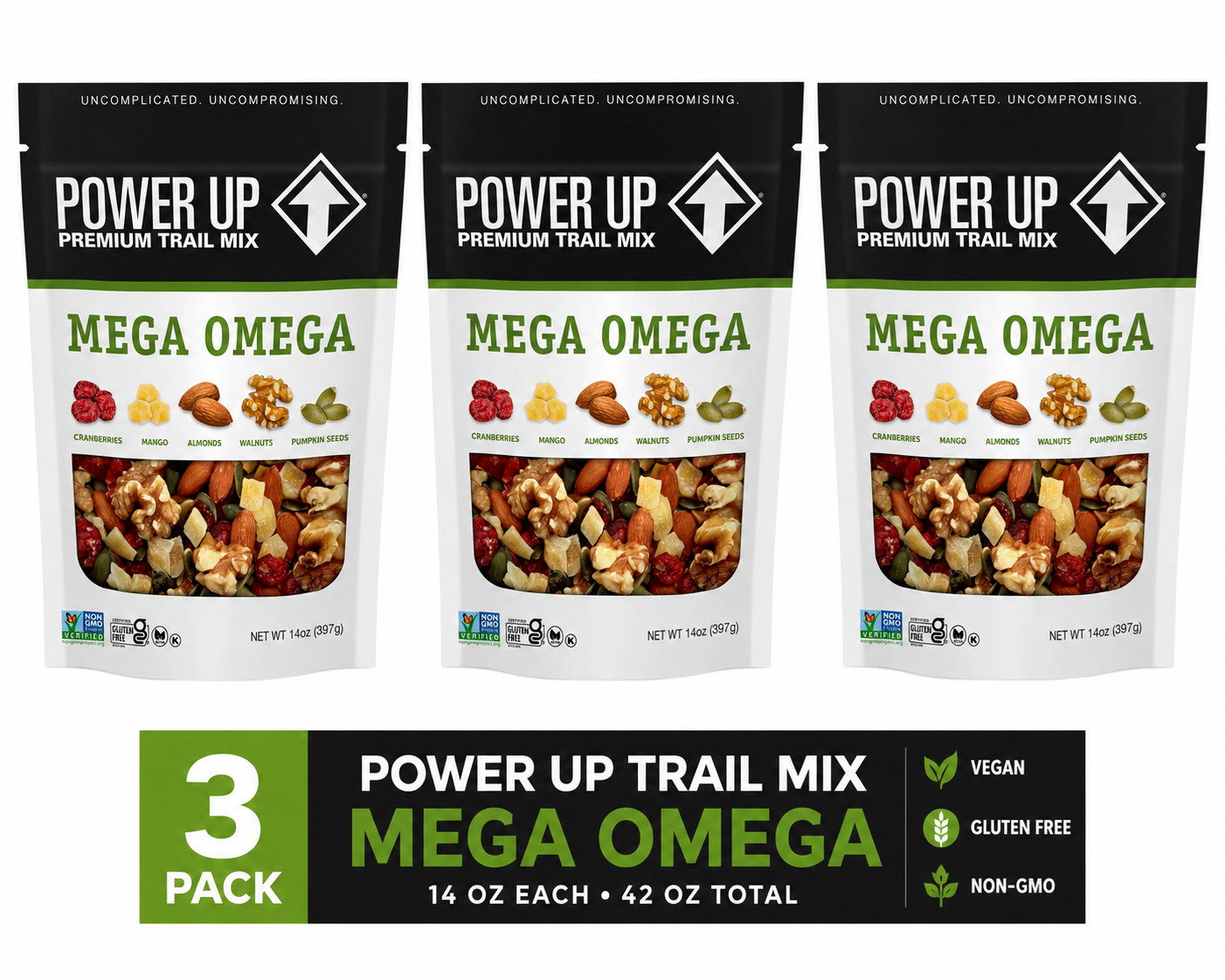 3 Pack Power Up Mega Omega Trail Mix 14 oz Vegan Gluten Free Non-GMO Snack