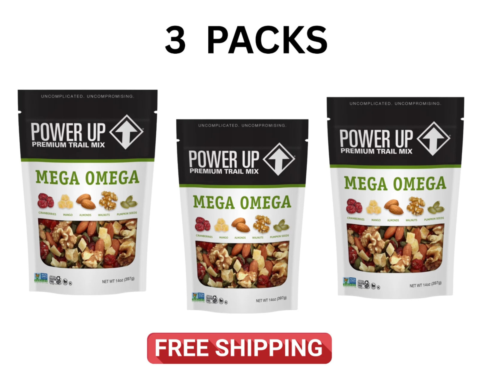 Power Up Mega Omega Trail Mix from Gourmet Nut, Resealable Bag, 14 oz, (3 Pack)