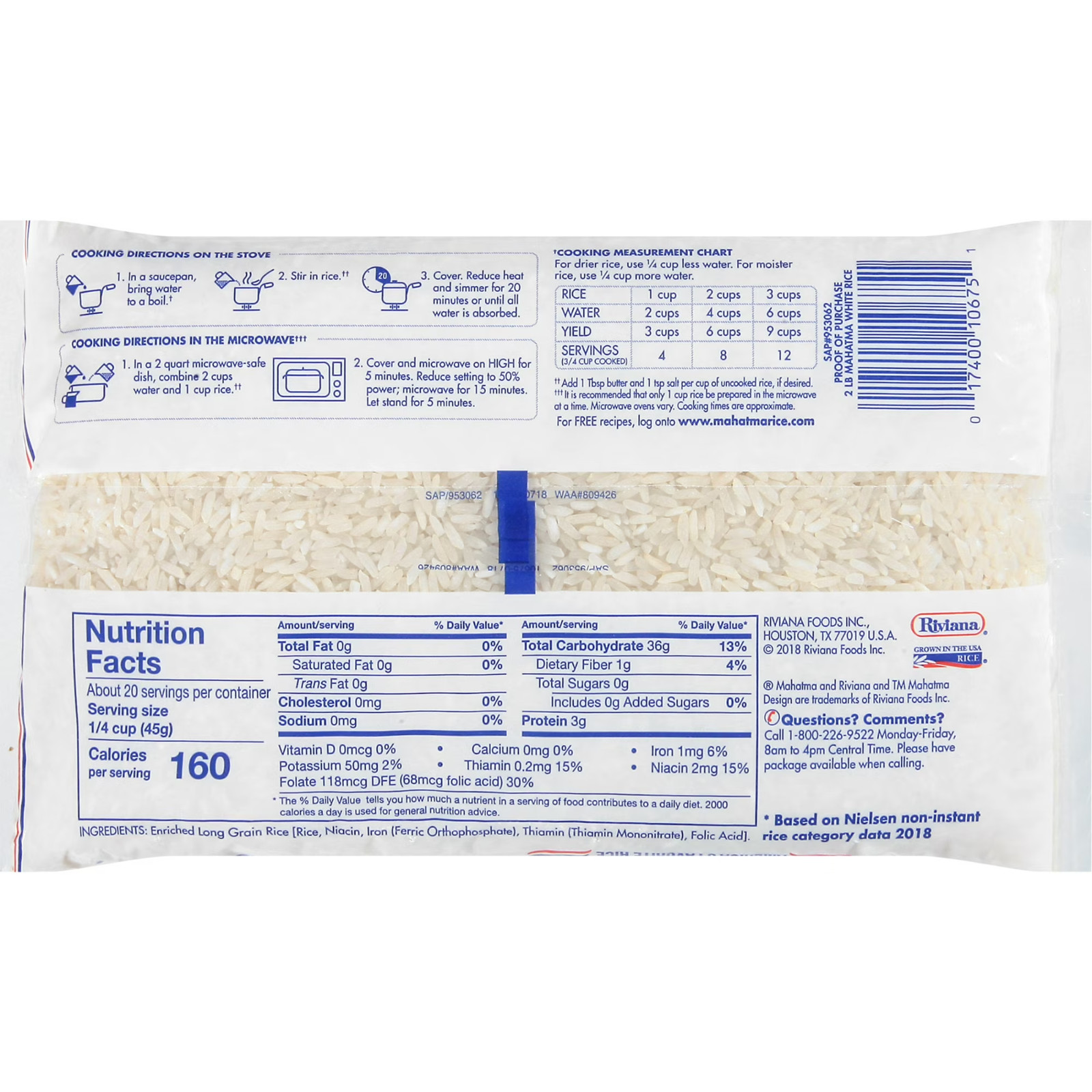 Mahatma Enriched Extra Long Grain White Rice Kosher Gluten-Free No MSG 2 lb Bag