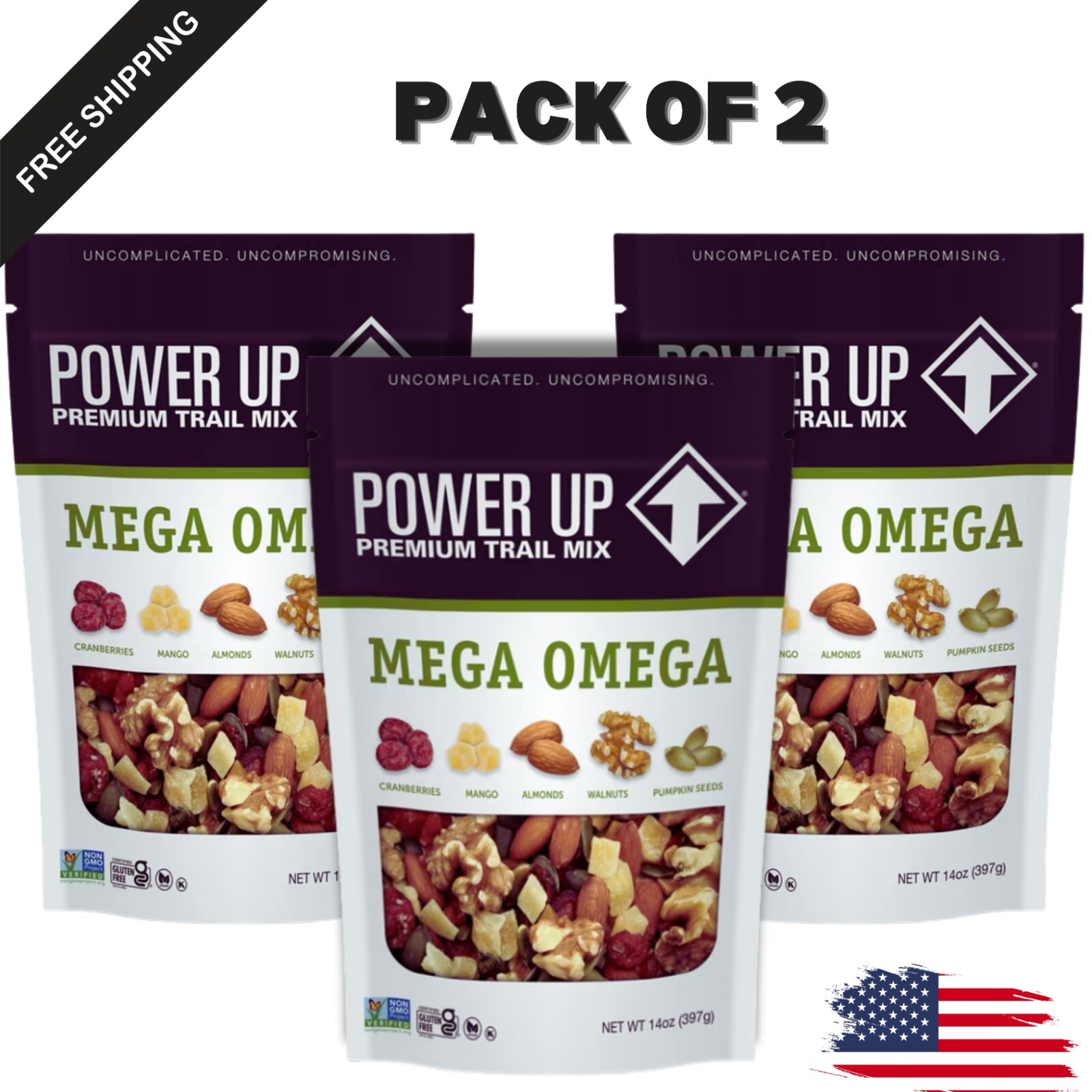 Power Up Mega Omega Trail Mix from Gourmet Nut, Resealable Bag, 14 oz, (3 Pack)