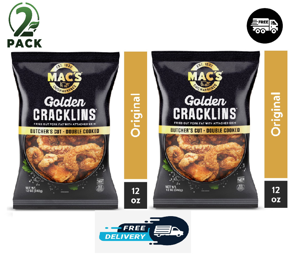 Mac’s Chicharrones Golden Cracklin Curls, Fried Pork Fat with Skin, 12 oz, 2Pack
