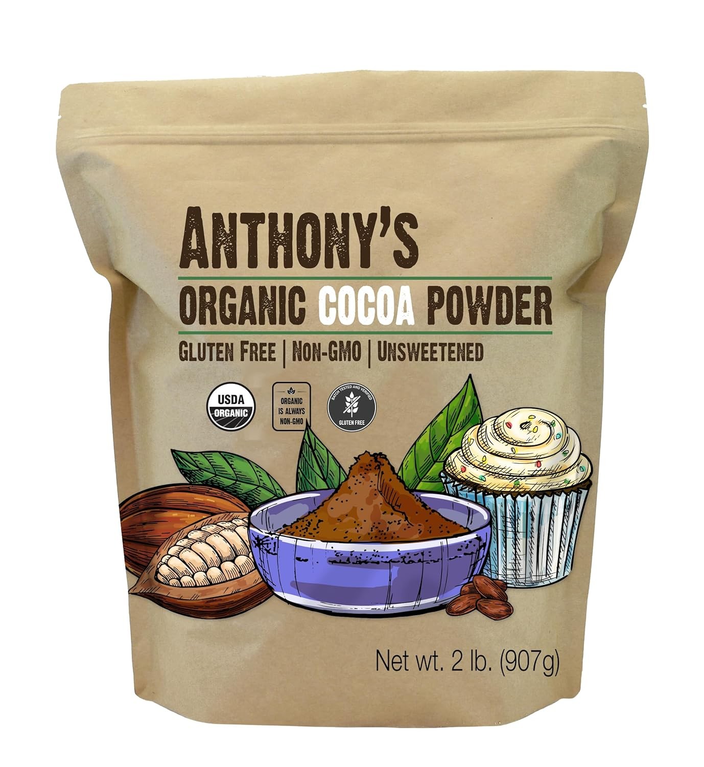 Organic Unsweetened Gluten Free Non GMO Cocoa Powder 2 Lb Bulk Anthony’s Cocoa