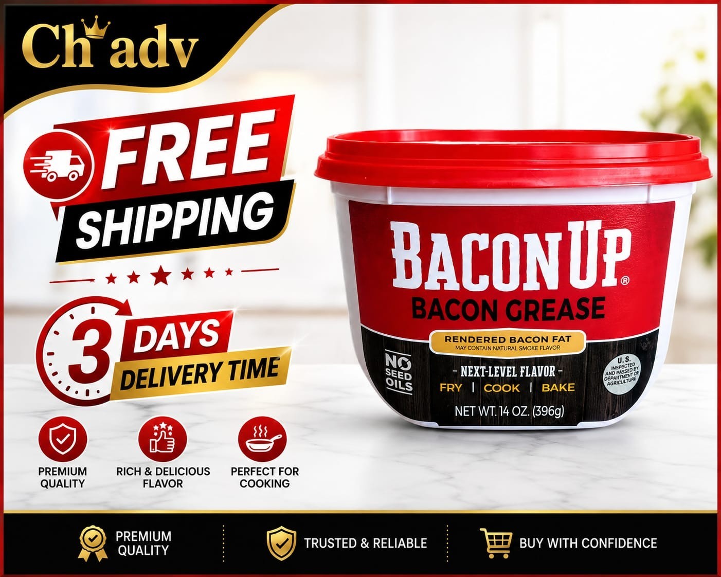 Bacon Up Bacon Grease Rendered Bacon Fat for Frying, Cooking, Baking, 14 ounces
