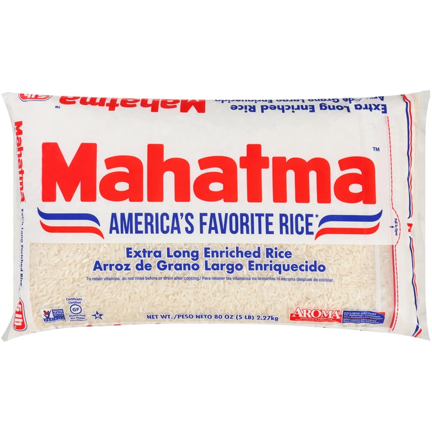 Mahatma Extra-Long-Grain Rice 5-Pound Rice Bag, Gluten-Free and Non-Gmo White Ri