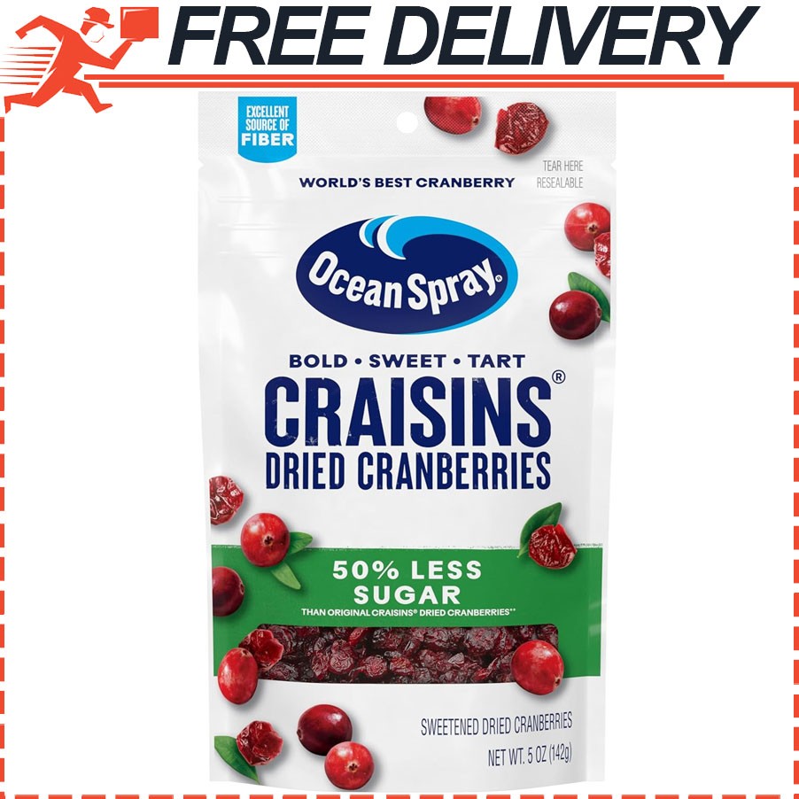 Ocean Spray Craisins, 50% Less Sugar Dried Cranberries, Dried Fruit, 5 Oz Pouch