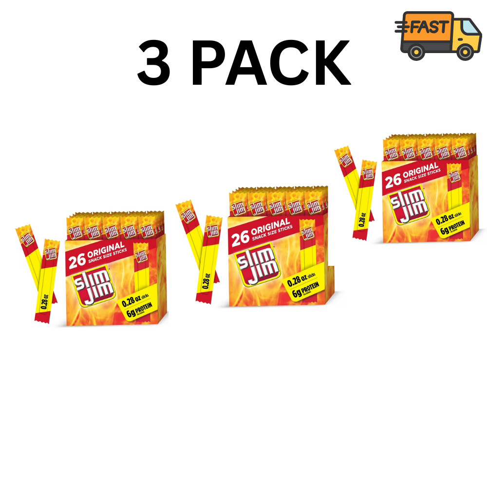 Slim Jim Original Meat Sticks Snack Size 26 Ct Per Box 0.28 Oz Pack of 3