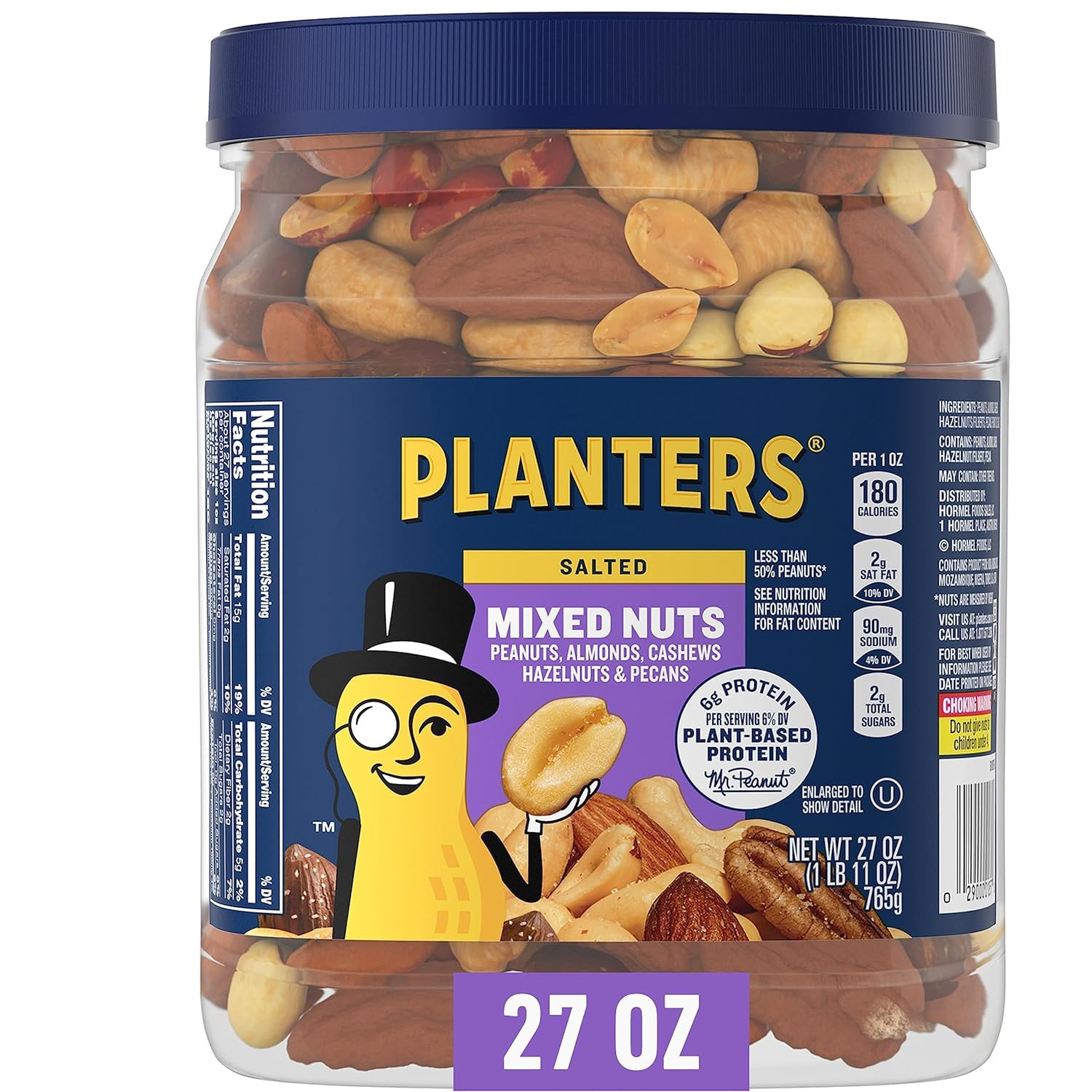 Mixed Nuts, Salted, 27 Oz, Resealable Jar – Salted Nuts with Less than 50% Peanu
