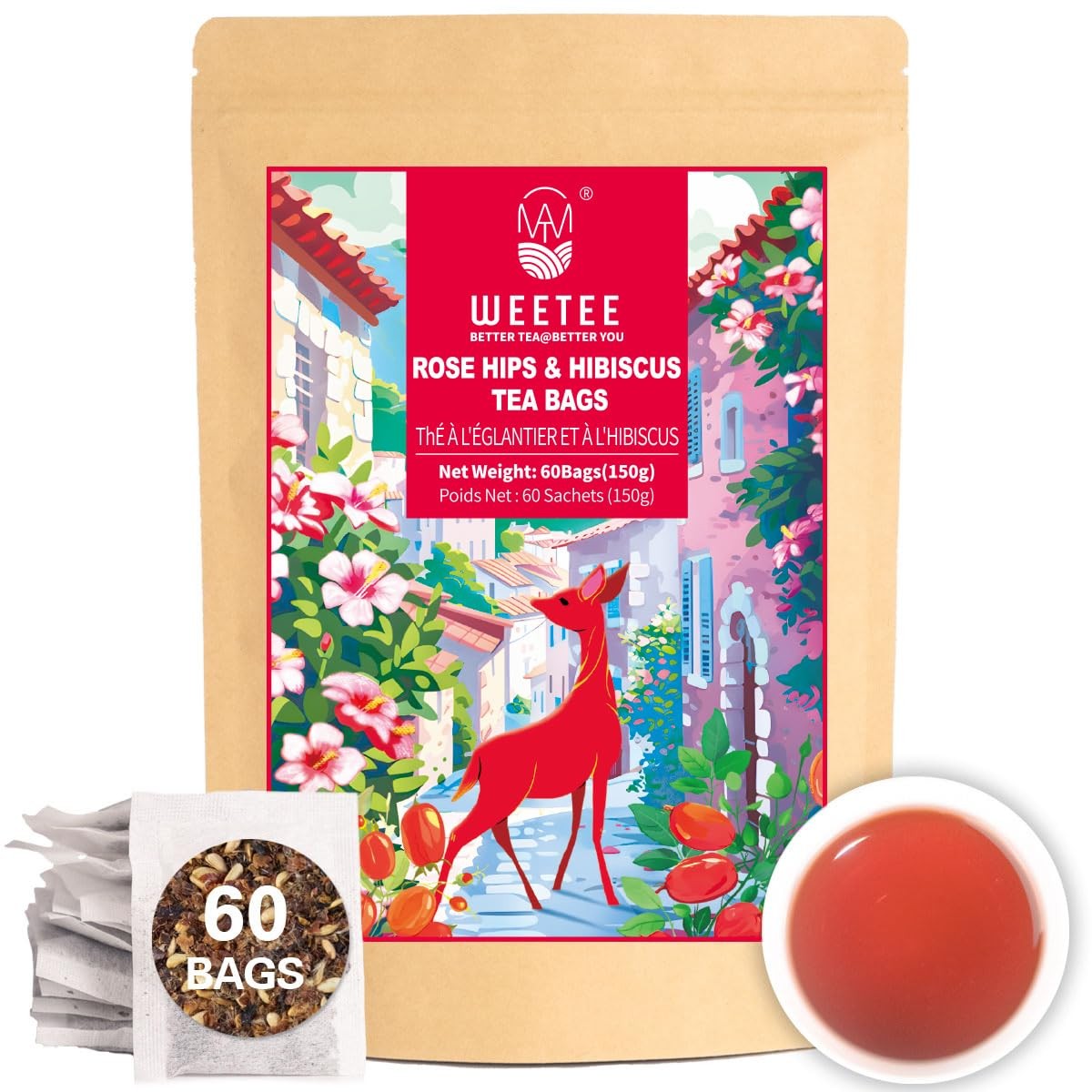 Rosehips Hibiscus Tea Bags 60 Count, Caffeine-free & Antioxidants