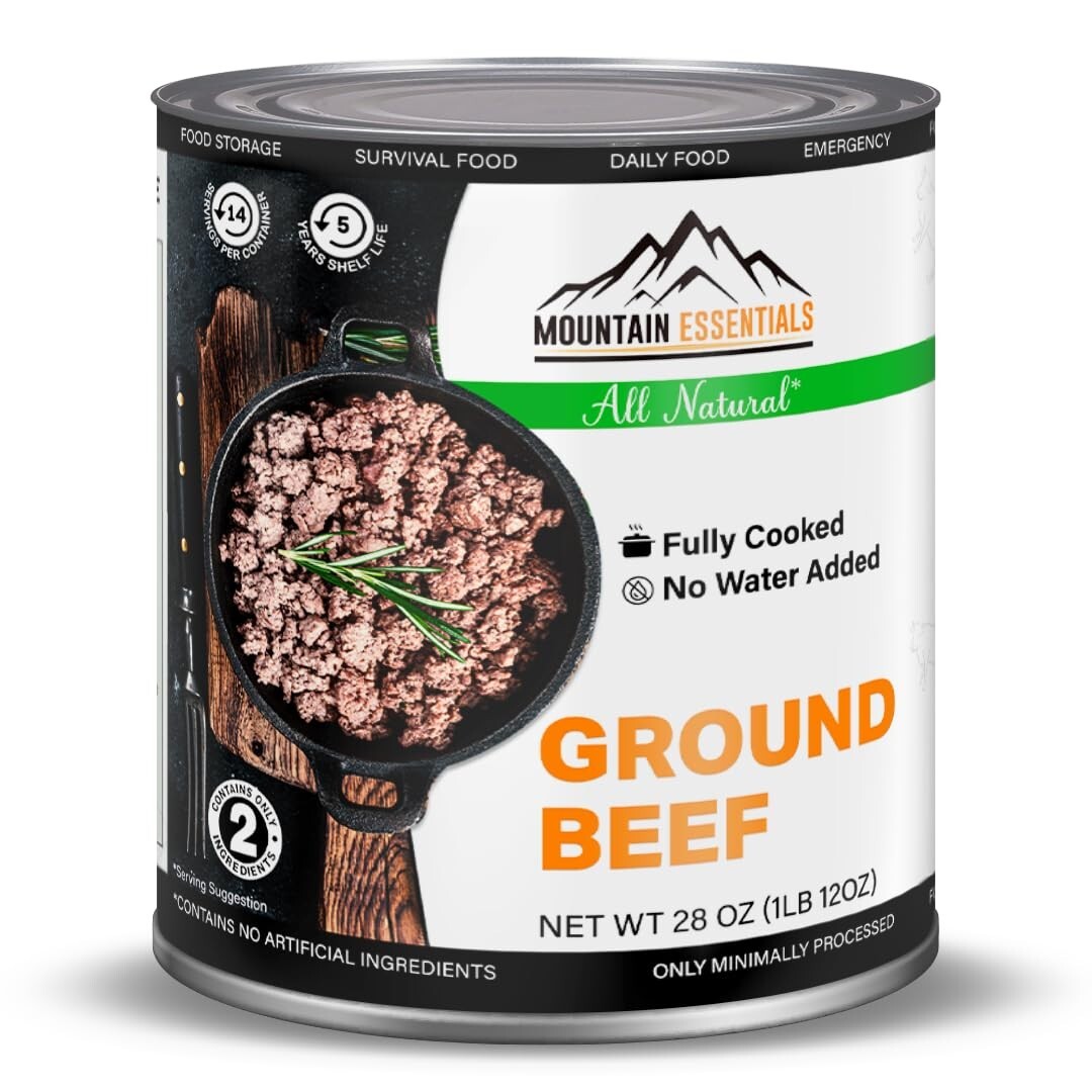 6 Cans – Mountain Essentials All Natural Ground Beef Fully Cooked 28oz Meat