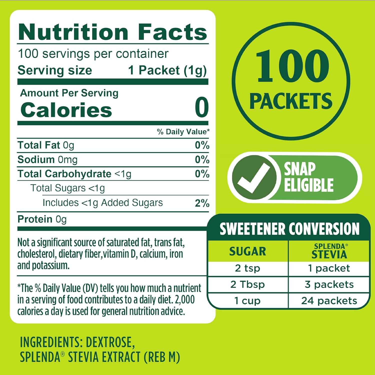 Stevia Zero Calorie Sweetener, Sugar Substitute Packets, 100 Count (Pack of 1)