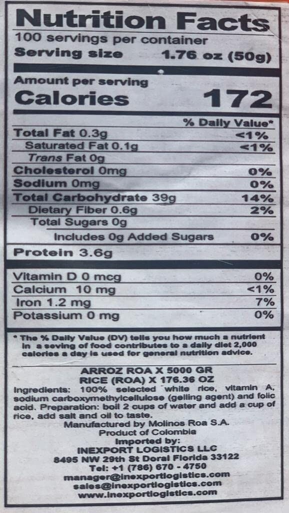 Arroz Roa Fortiplus Bolsa de 5000g, White Rice No Gluten and No GMOs