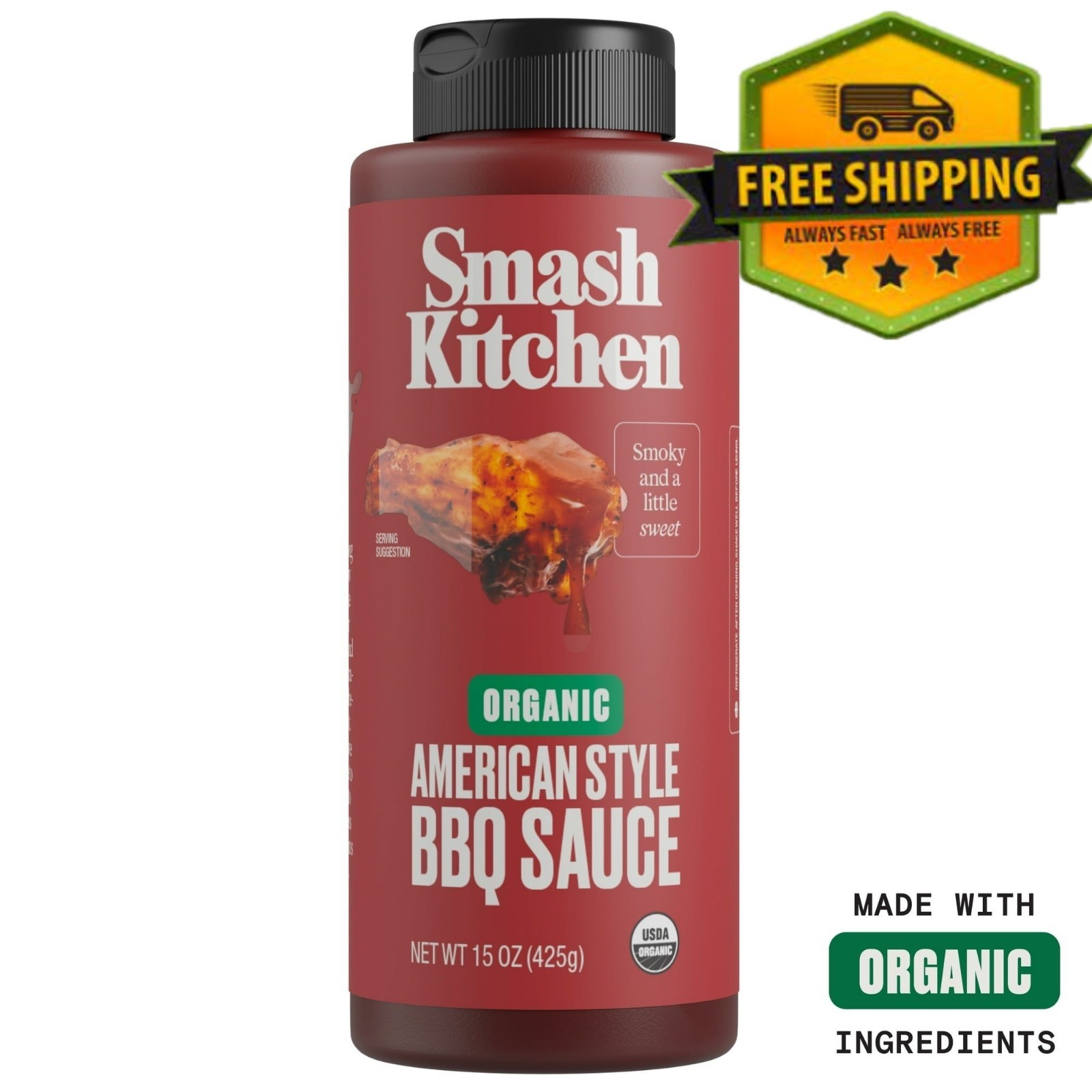 Smash Kitchen Organic BBQ Sauce, American-Style Flavor, 15 oz Bottle