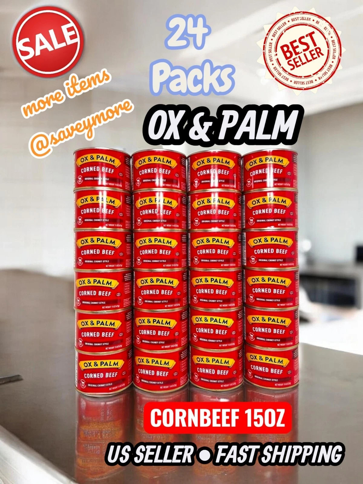 Corned Beef Ox and Palm original Chunky Juicy Style 15oz (Pack of 24) Box New
