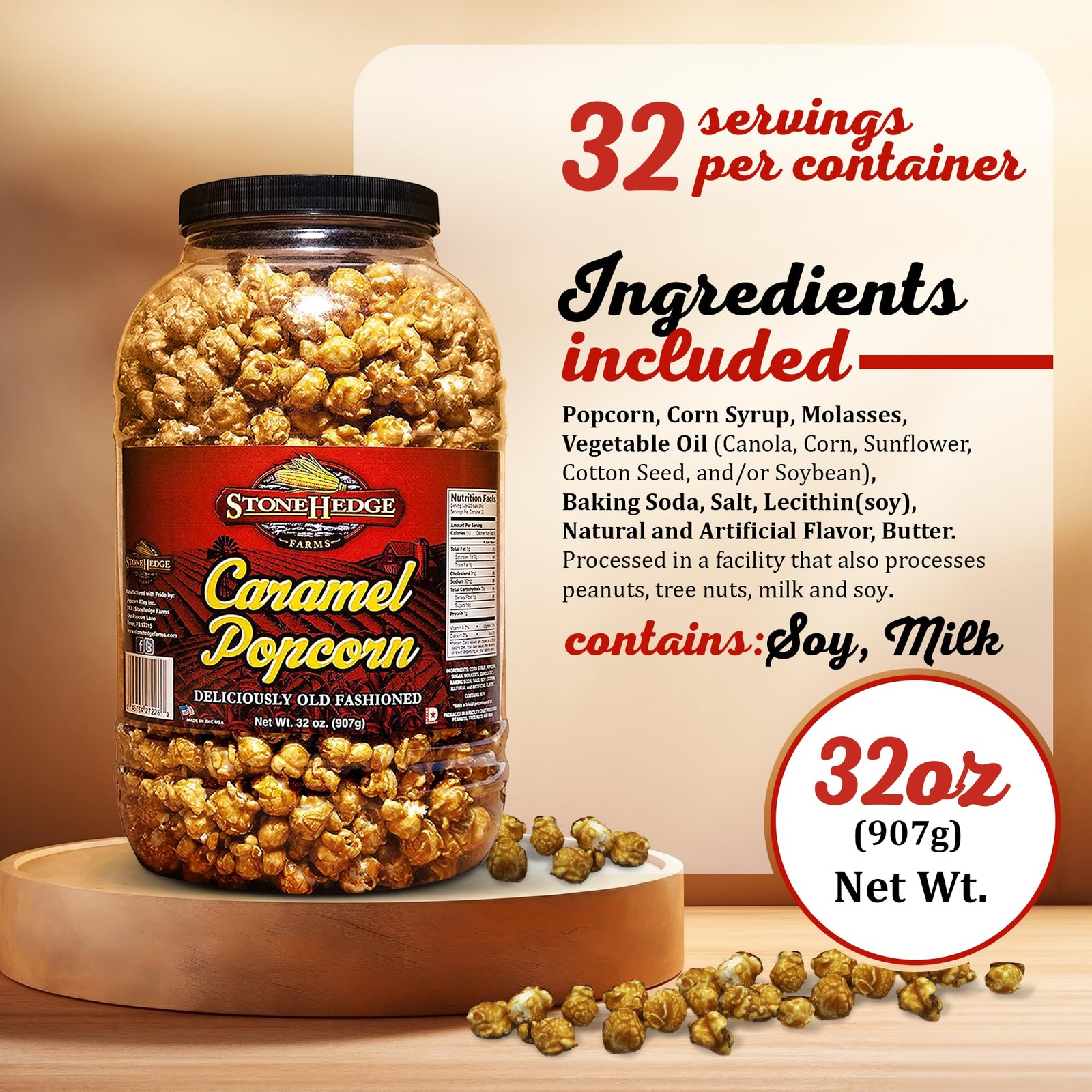 Stonehedge Farms Caramel Flavored Popcorn 32 oz Large Tub for Holidays Christmas