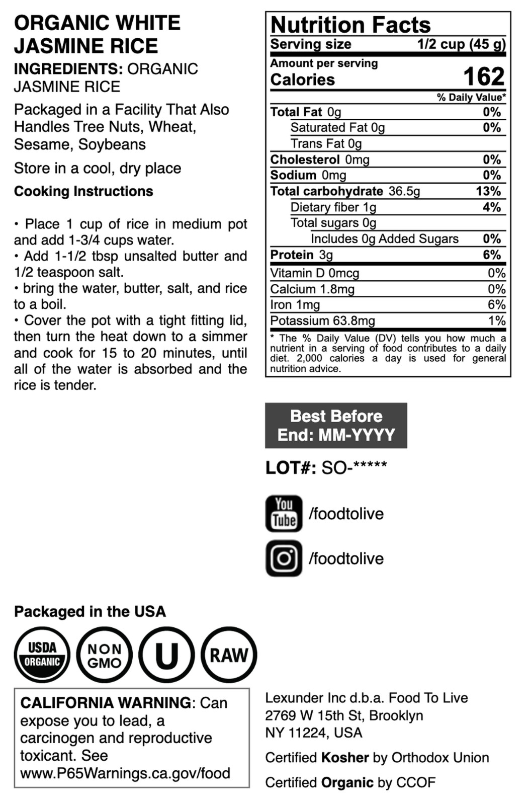Organic Jasmine Rice — Raw White Rice, Non-GMO, Kosher, Bulk — by Food to Live