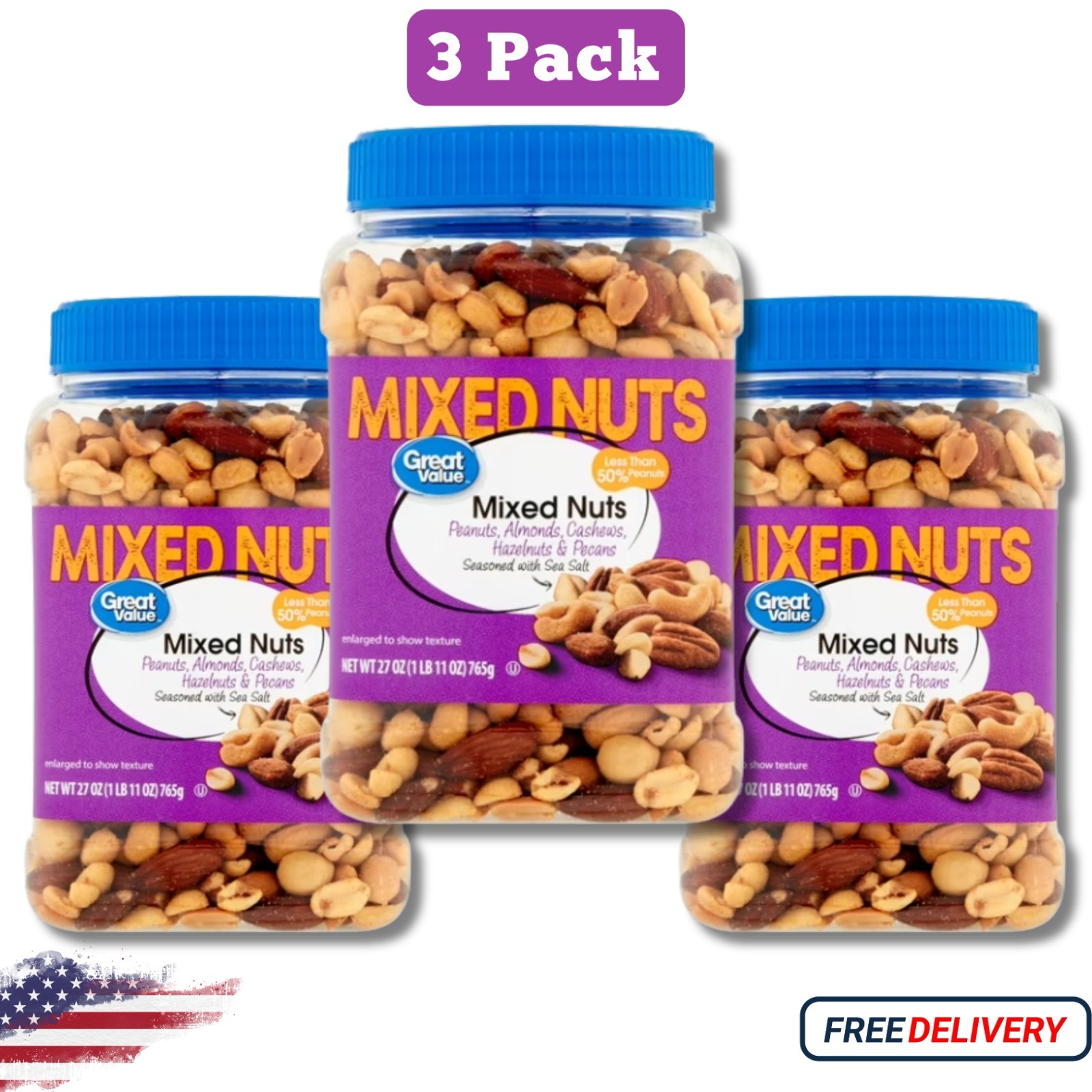Great Value Mixed Nuts with Peanuts, 27 oz (3 Pack)