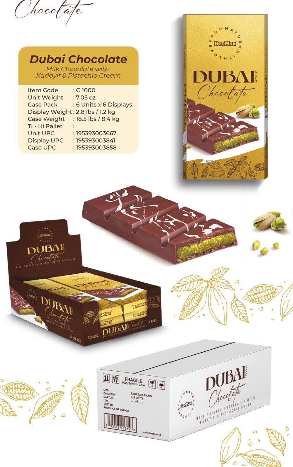 36 Unit BeeMax Dubai Chocolate Bar 7.05oz each FULL CASE