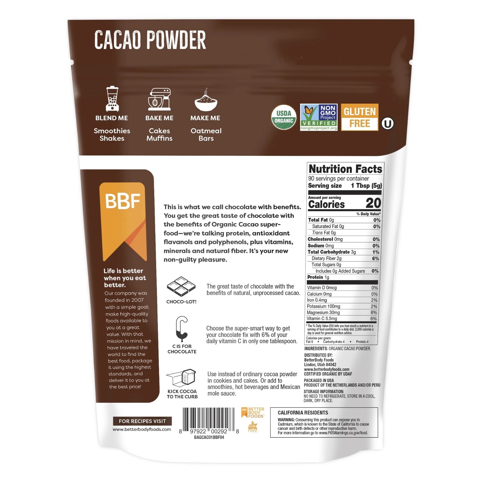 BetterBody Foods Organic Cacao Powder, 16 oz