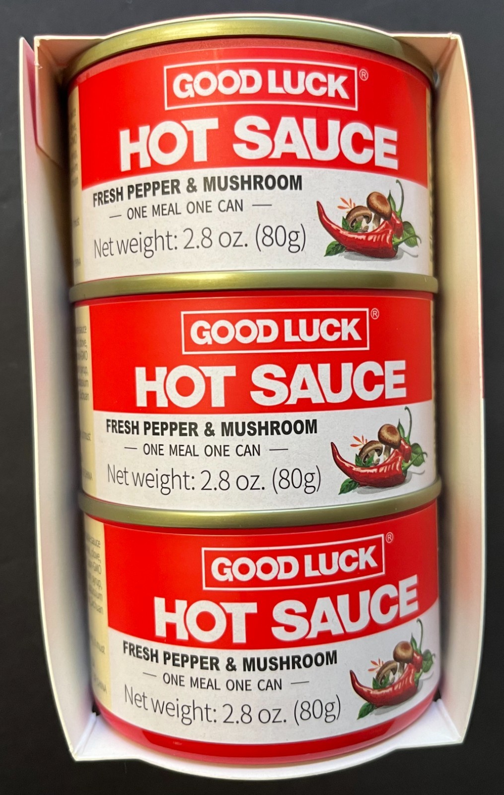 GOOD LUCK-Hot Sauce-«Fresh Pepper & Mushroom»-Pack of 3- 2.8 oz Cans-03/05/2027