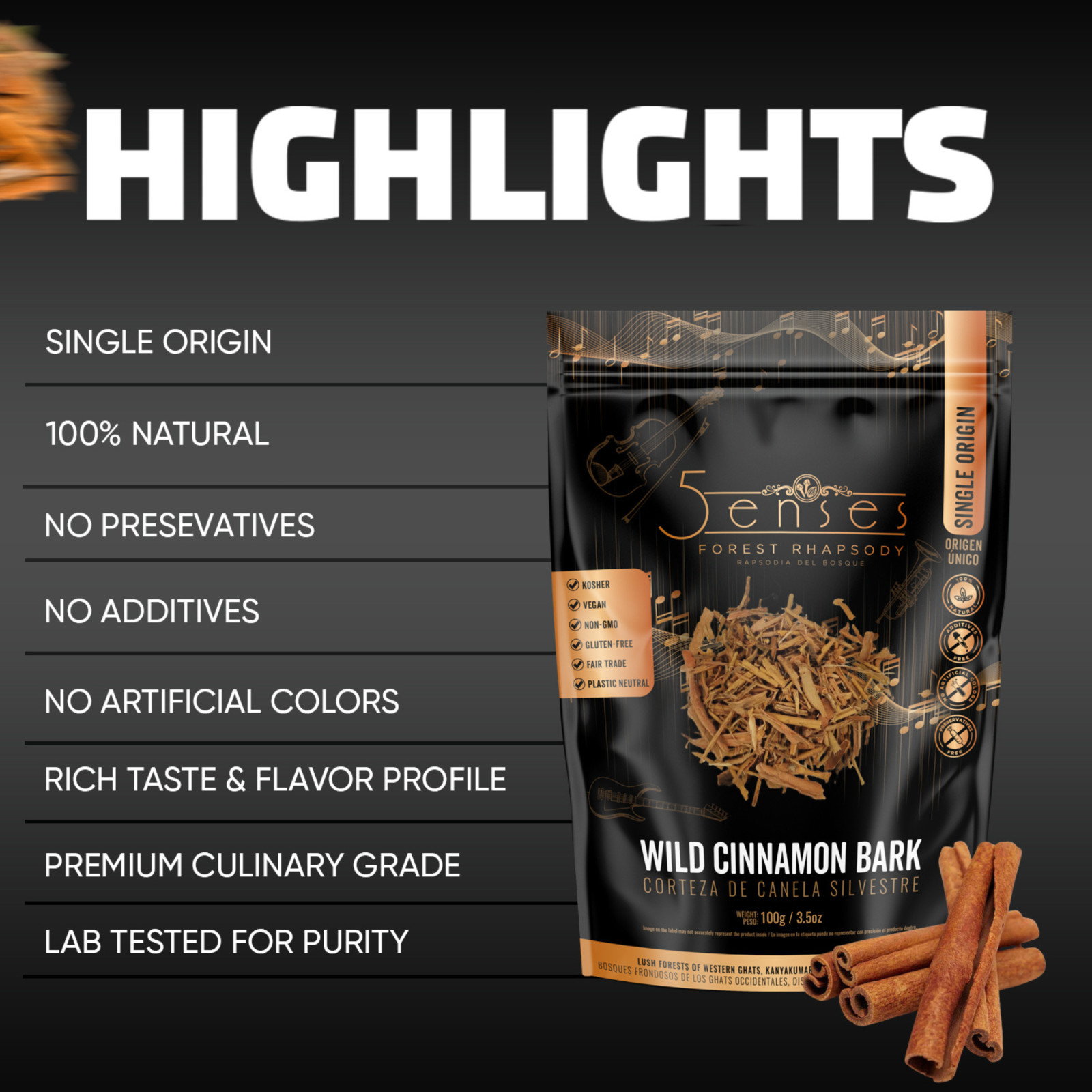 5Senses Wild Cinnamon Bark | Canela | Single Origin Non-GMO, Fairtrade