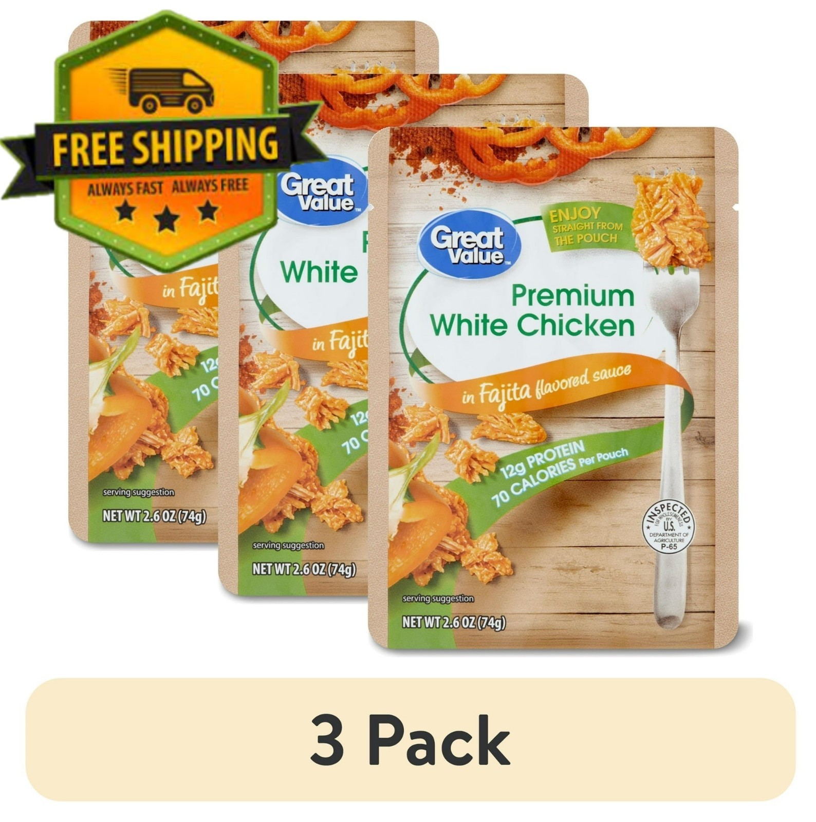 Great Value Fajita Chicken Pouch 2.6oz Ready To Eat Protein 3 Pack