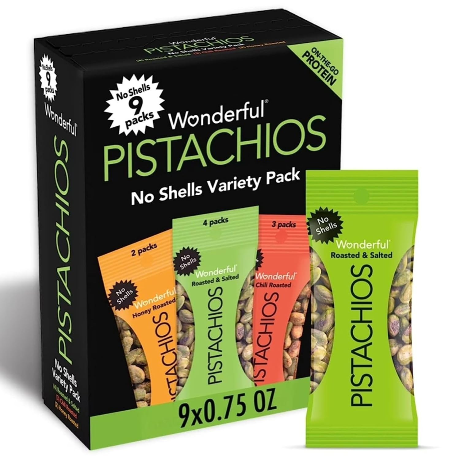 Wonderful Pistachios No Shells, 3 Flavors Mixed Variety Pack of 9 (0.75 Ounce)