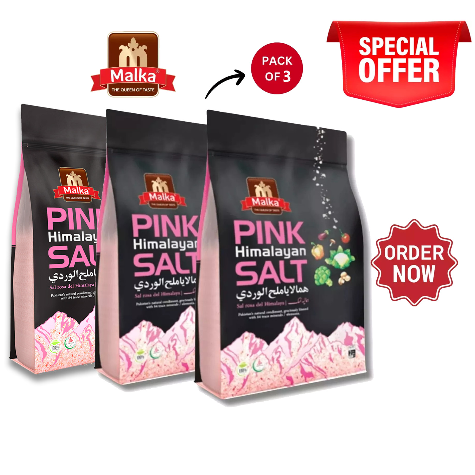 Malka Himalayan Pink Salt, Super Fine Grain Salt, 6lb-(Qty: 3, 2lbs Pouch bags)