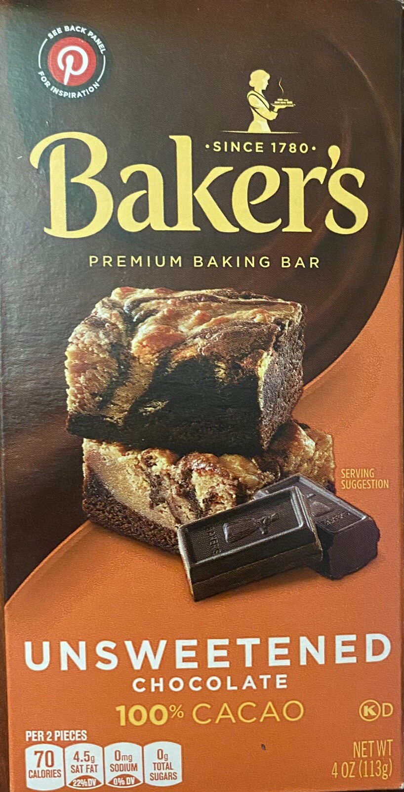 BAKER’S Unsweetened Chocolate 100% CACAO Bar 4oz – 1 Premium Baking Bar