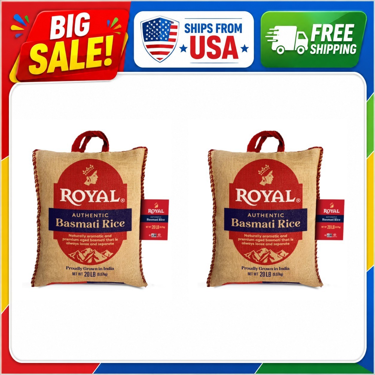 2 Pack Royal Authentic Naturally Aged Indian White Basmati Rice Long Grain 20 lb