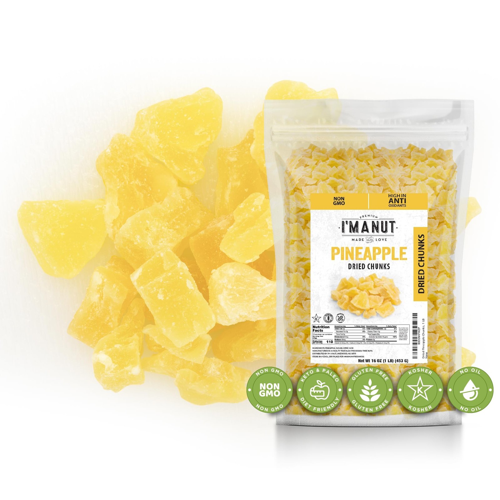 Premium Dried Pineapple Chunks 16oz NonGMO Gluten & Peanut Free GuiltFree