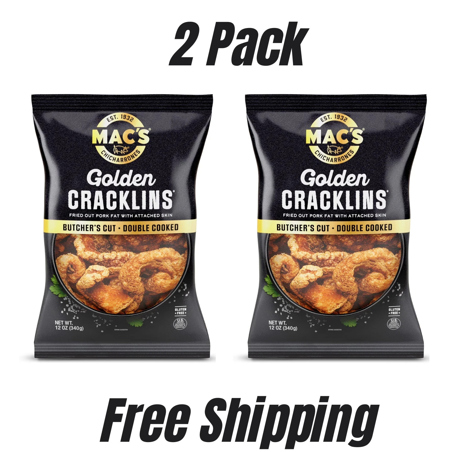 Mac’s Chicharrones Golden Cracklin Curls, Fried Pork Fat with Skin, 12 oz, 2Pack