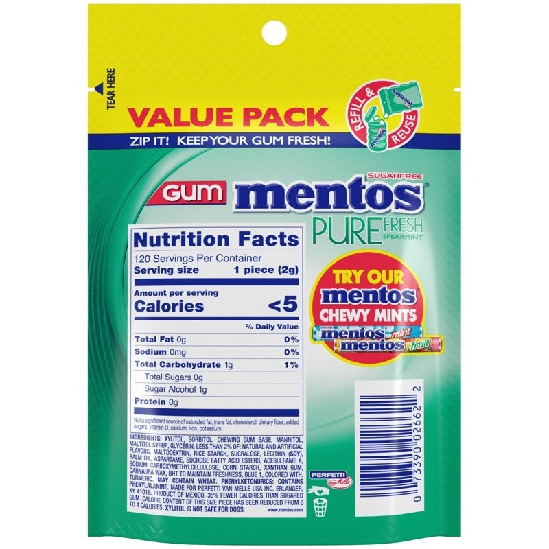Mentos Pure Fresh Sugar-Free Spearmint Gum 120 Count Xylitol Resealable Bag