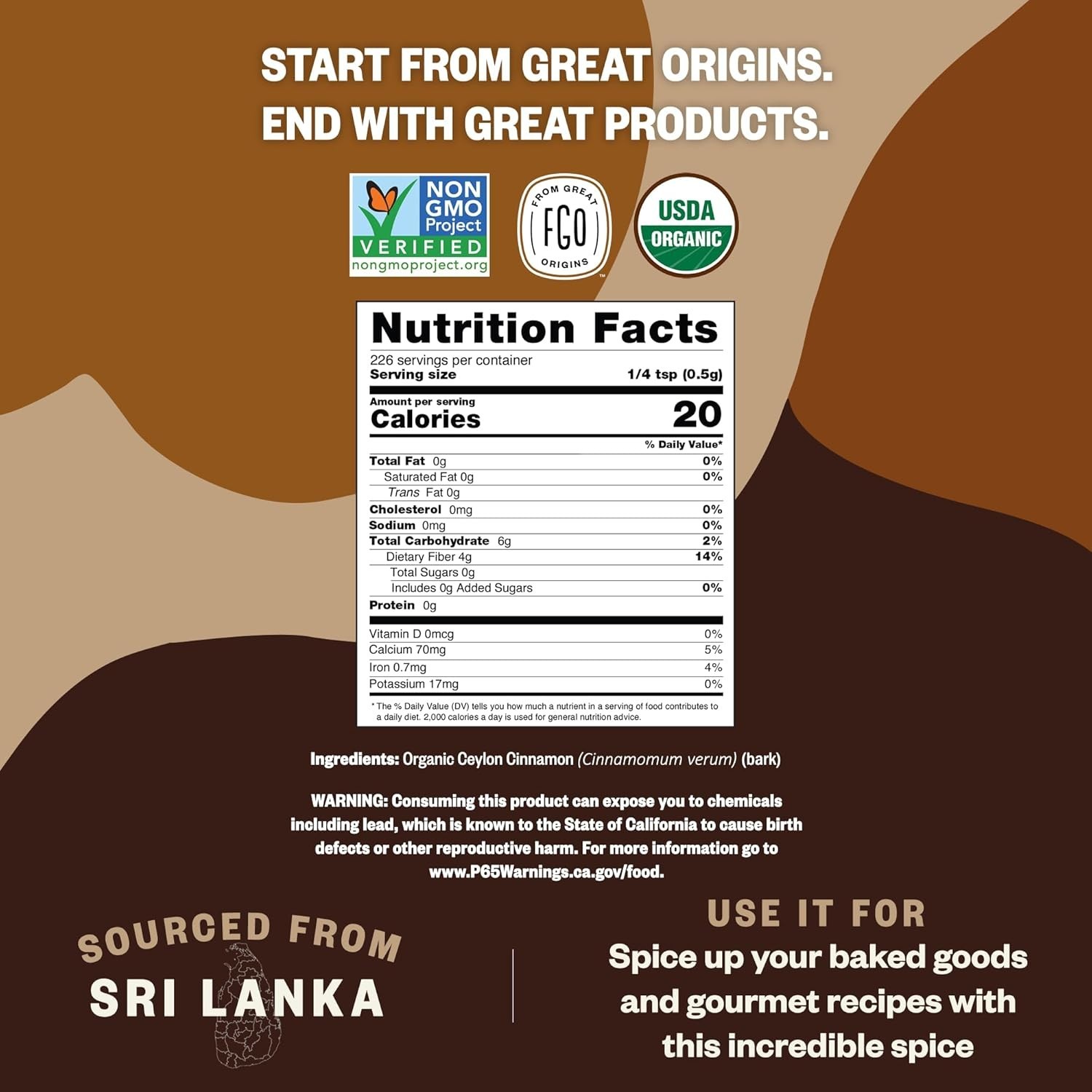 Organic Ceylon Cinnamon Powder, 2 Ounce or 16Oz Pure Sri Lanka Cinnamon