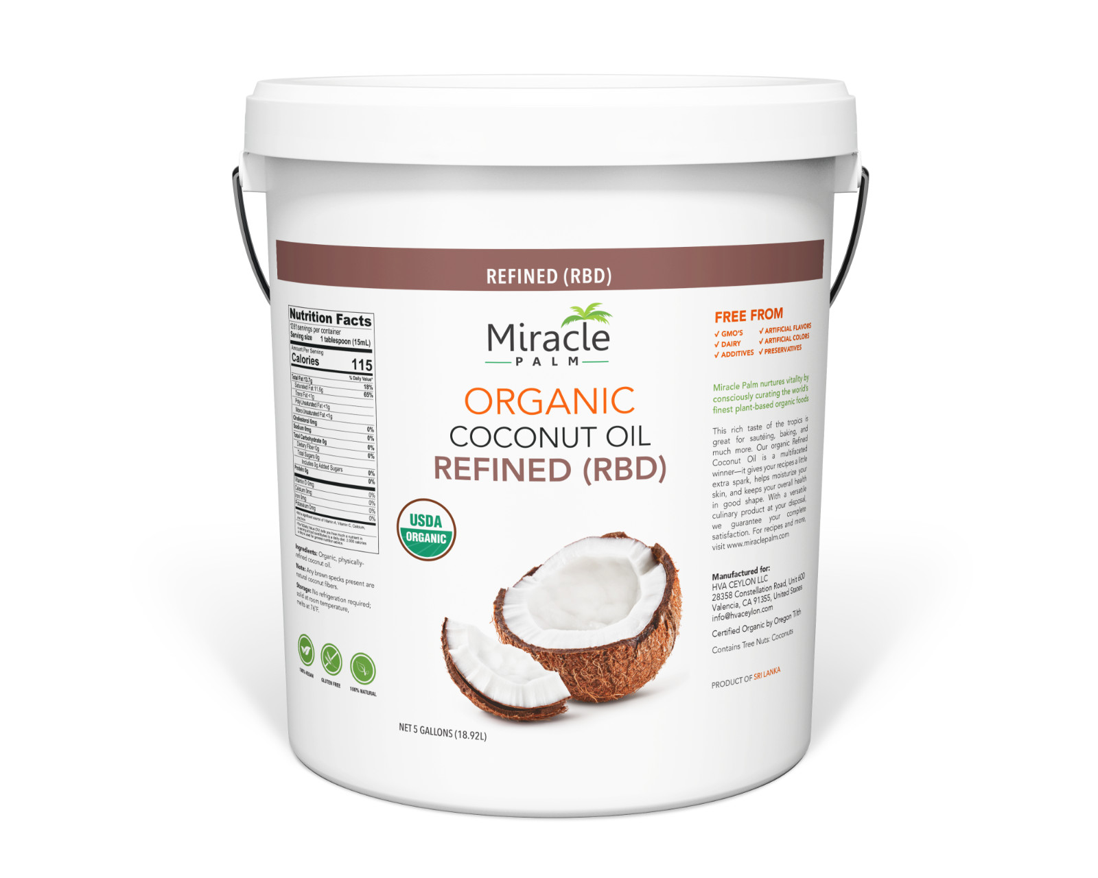 Organic, Refined Coconut Oil (RBD) 5 Gallon Pail