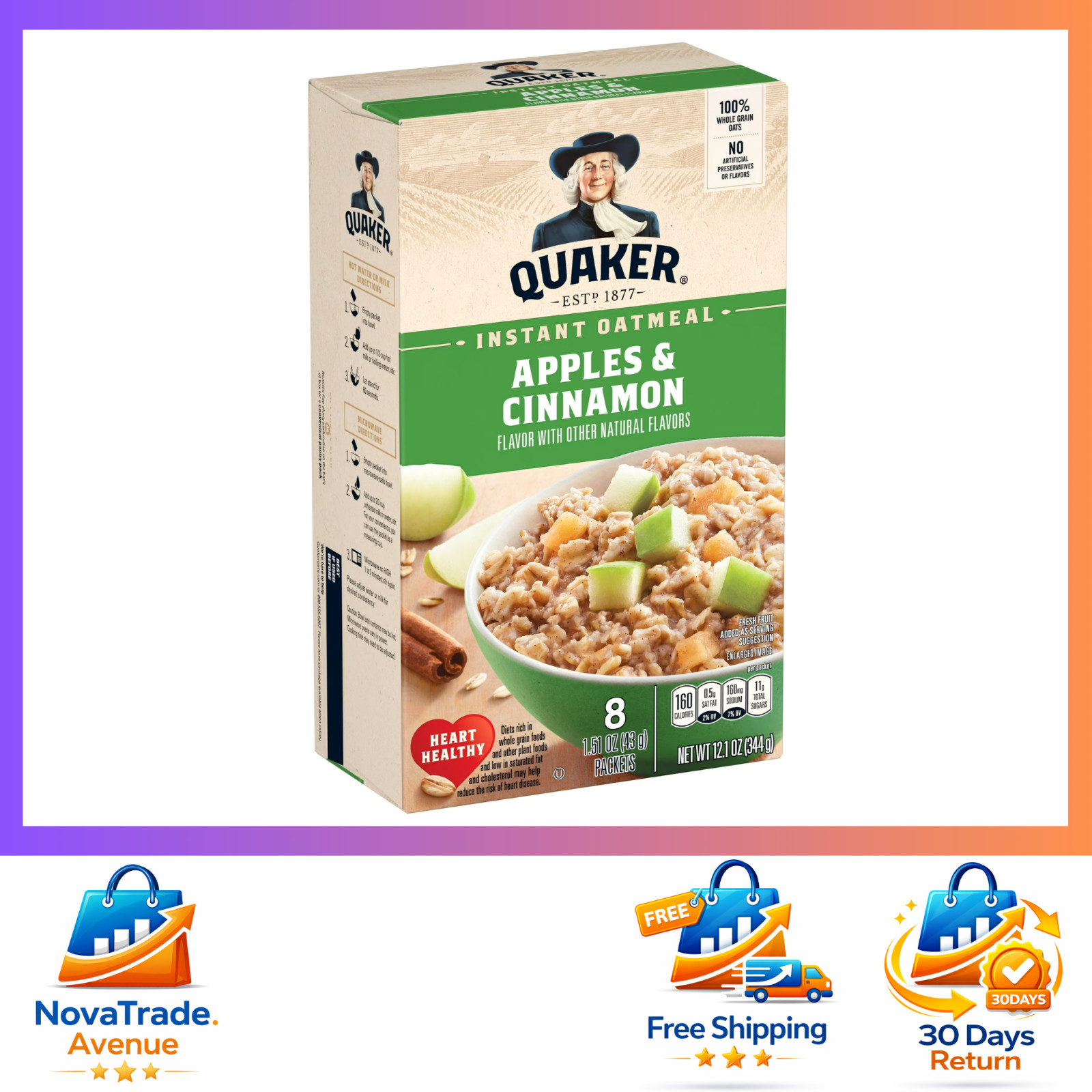 Breakfast Quaker Instant Oatmeal, Apple and Cinnamon, 12.1 oz – 8 packets