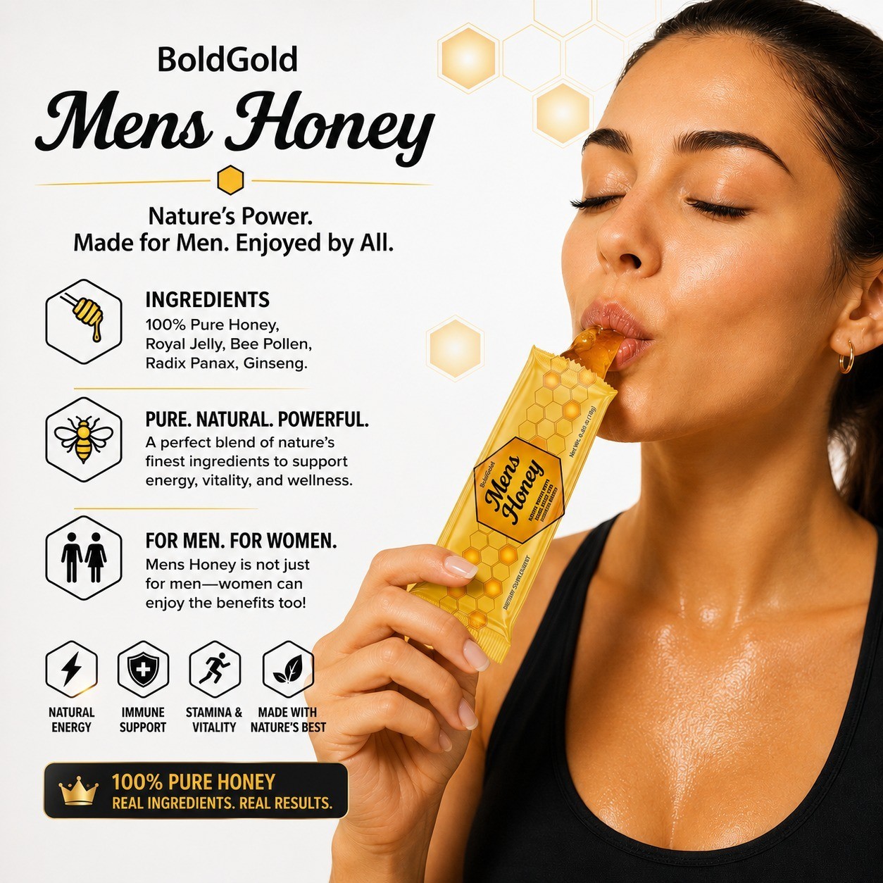 BOLDGOLD Organic Honey Pure Jelly 100% Natural,Bee Pollen and Panax 24-sachets.