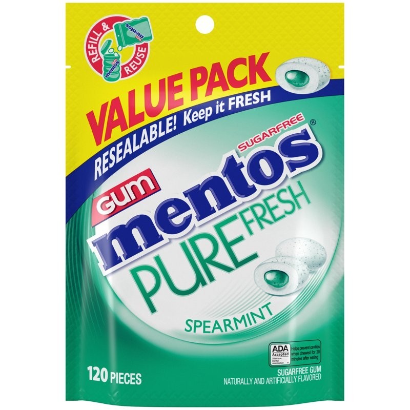 Mentos Pure Fresh Sugar-Free Spearmint Gum 120 Count Xylitol Resealable Bag
