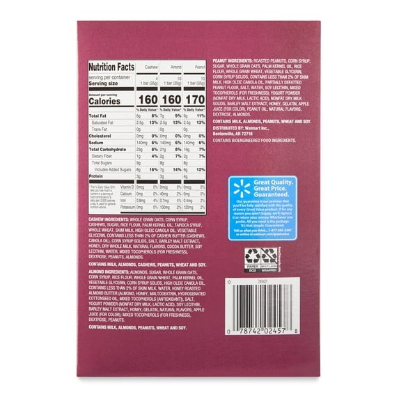 Great Value sweet & salty chewy granola Bars, Variety Pack, 1.2 oz, 24 Count.