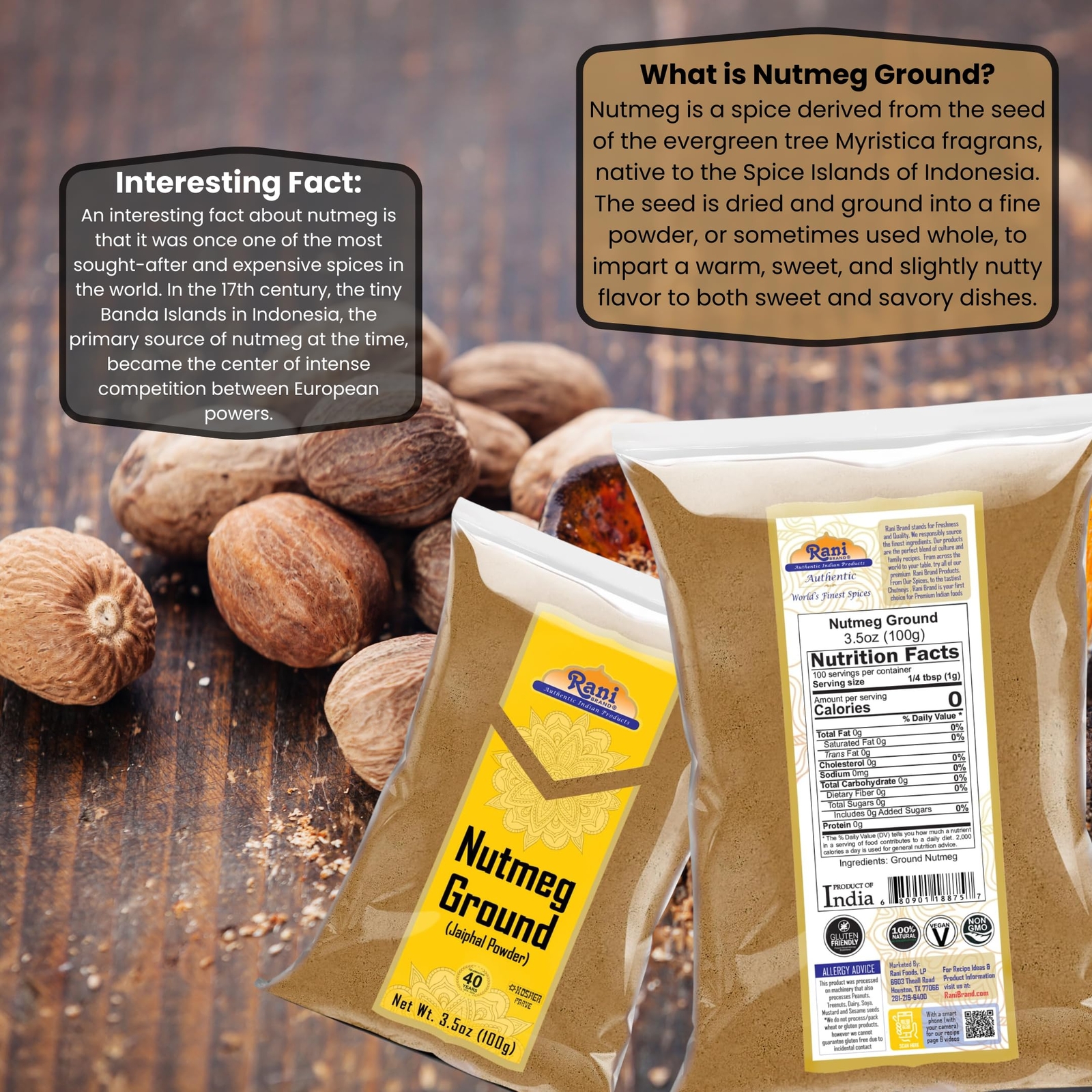 Rani Nutmeg (Jaiphul) Ground Powder Spice, 3.5oz (100g)