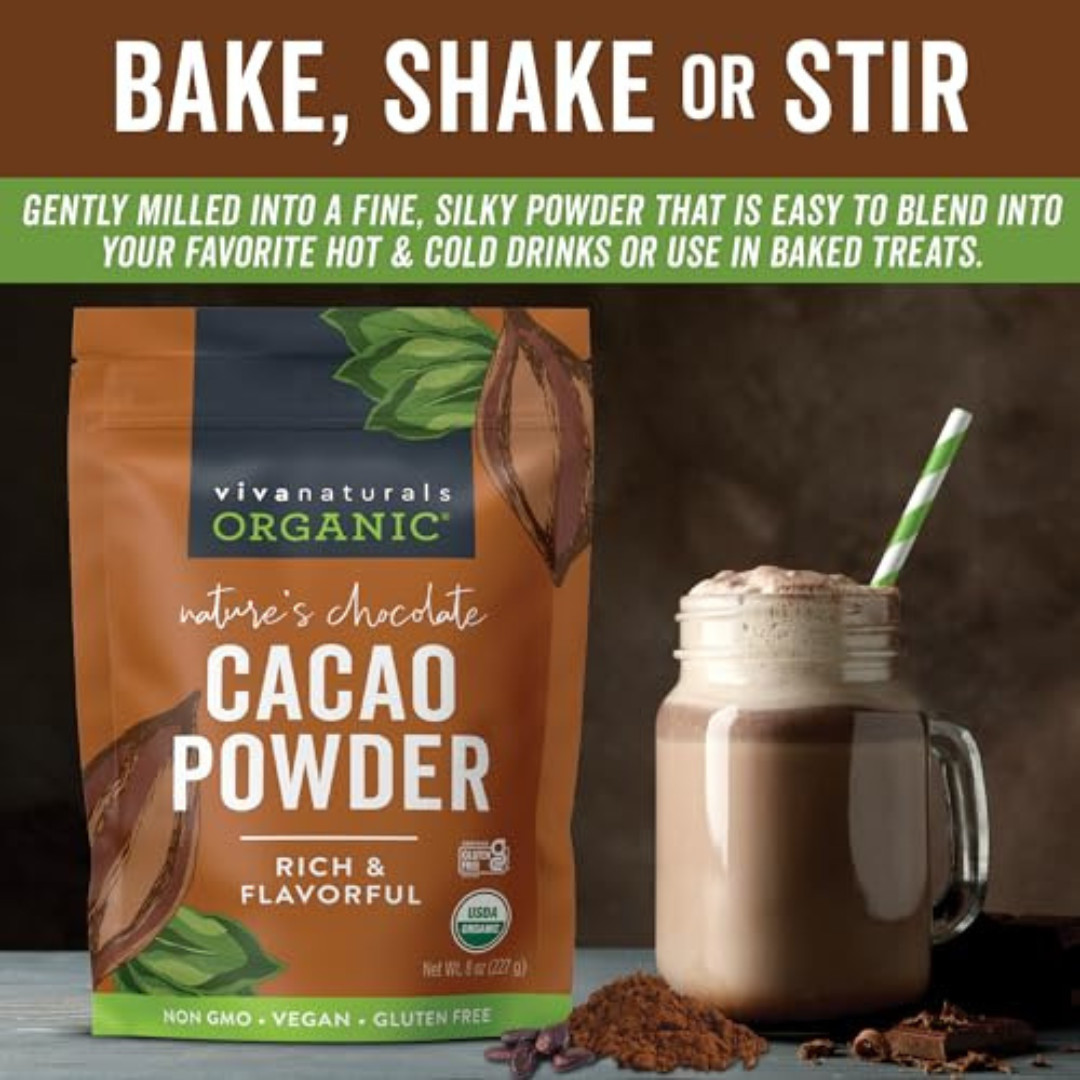 Organic Unsweetened Cacao Powder with Rich Dark Chocolate Flavor