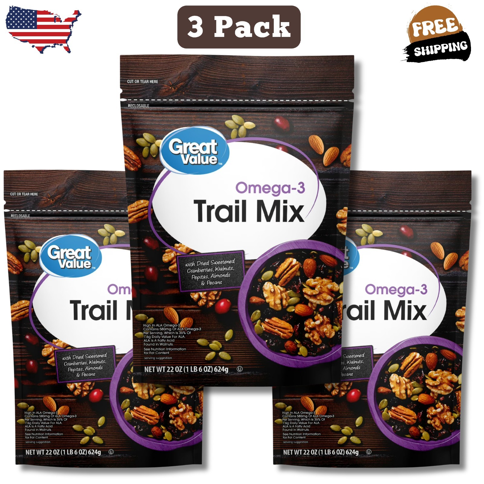 Great Value Omega-3 Trail Mix, 22 oz (3 Pack)